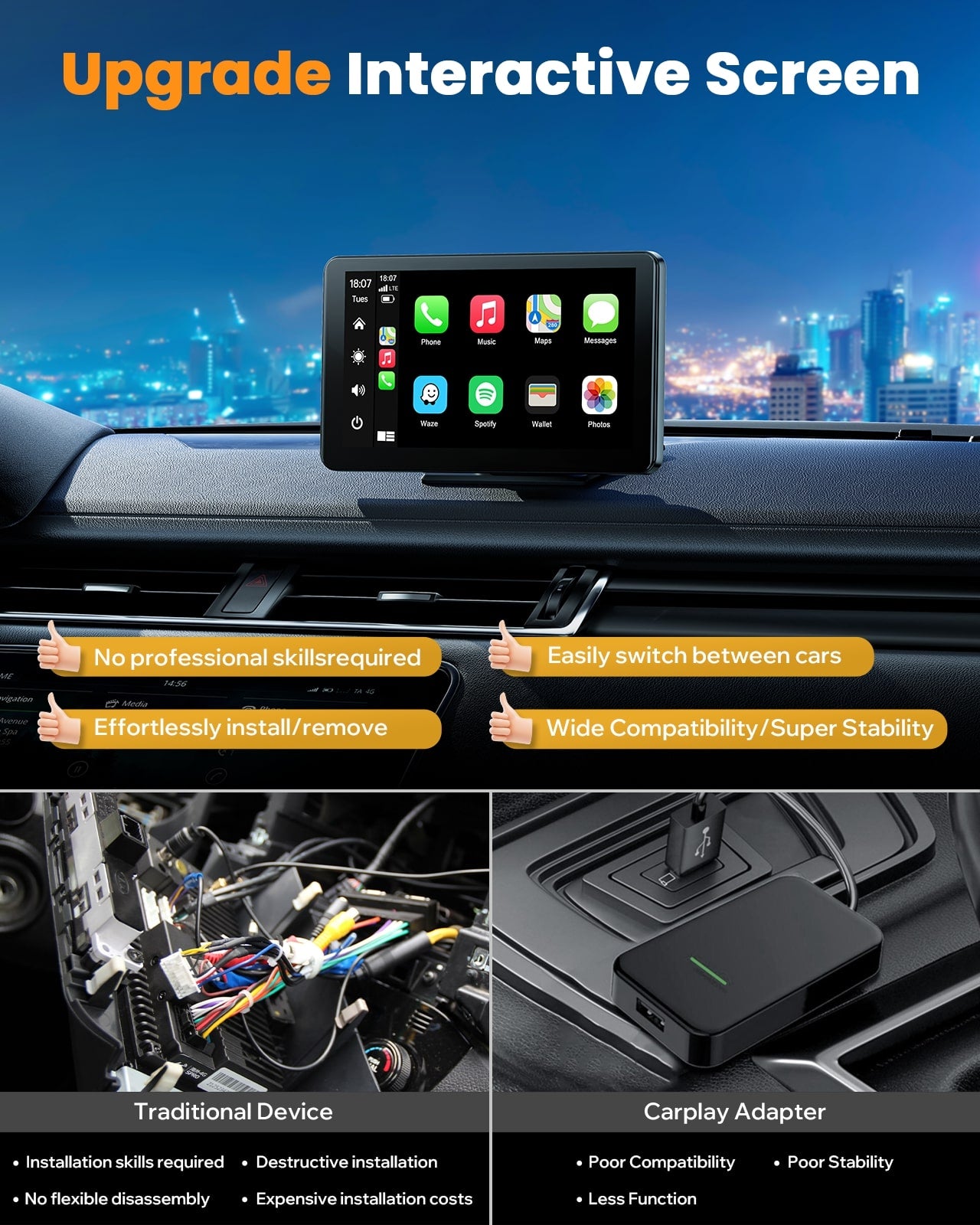LAMTTO RC08 7" CarPlay-Display mit Rückfahrkamera 1080P
