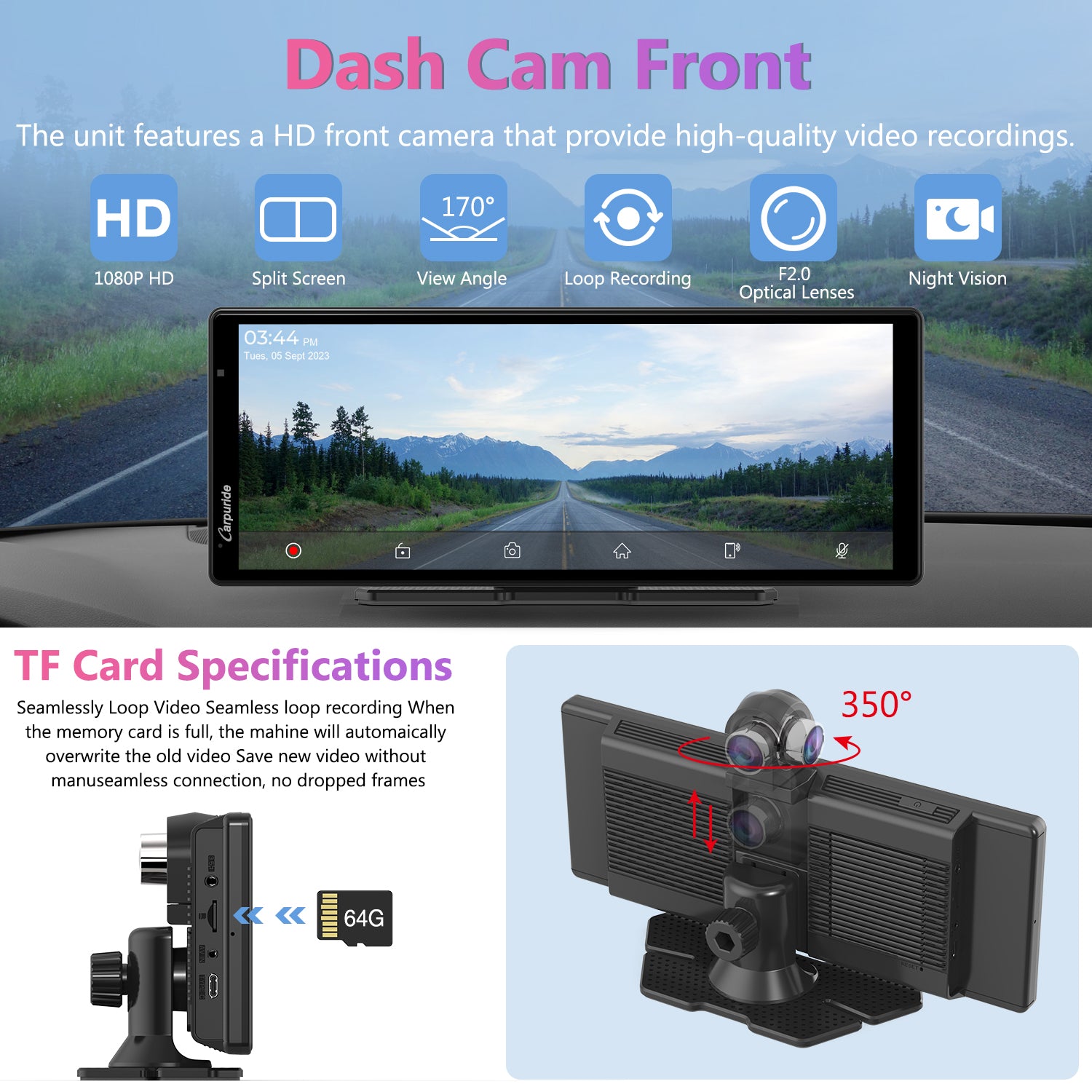Carpuride W903 CarPlay-Display 9,3 Zoll mit Frontkamera DVR