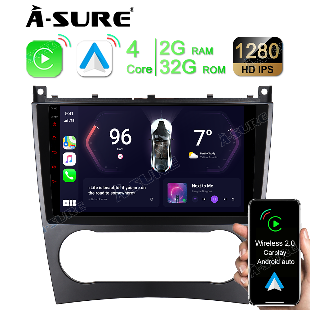 A-Sure GPS Autoradio für Mercedes C W203 9 Zoll 2+32GB CarPlay