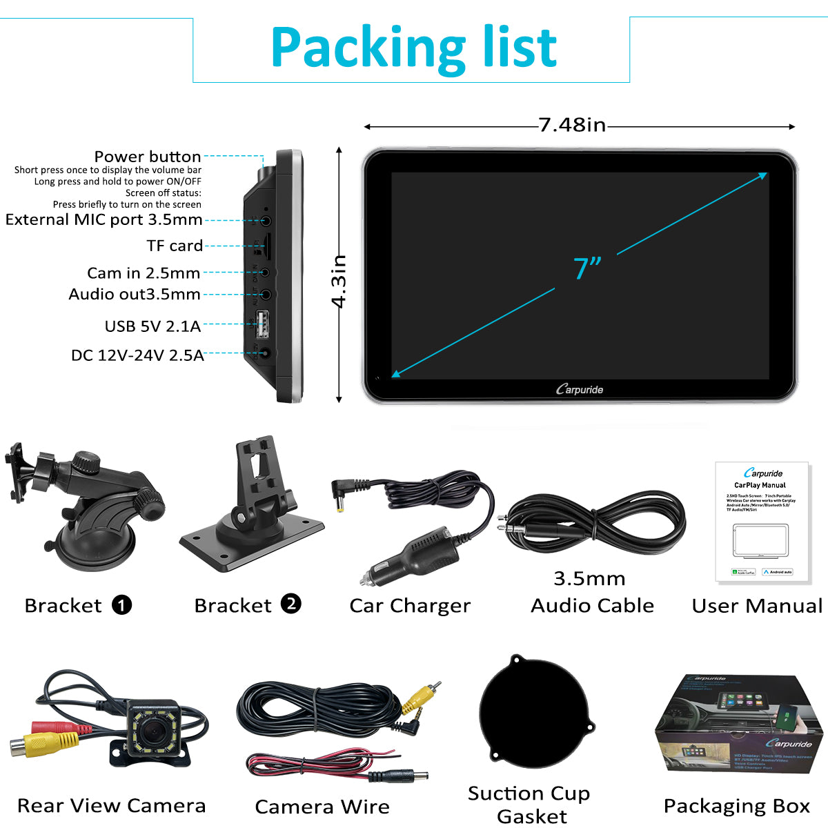 Carpuride Car Smart Stereo Display 7 Zoll CarPlay silber
