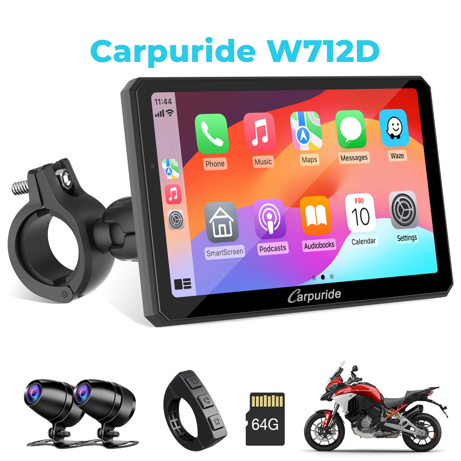 Carpuride W712D Motorrad CarPlay-Display 7 Zoll Dashcam