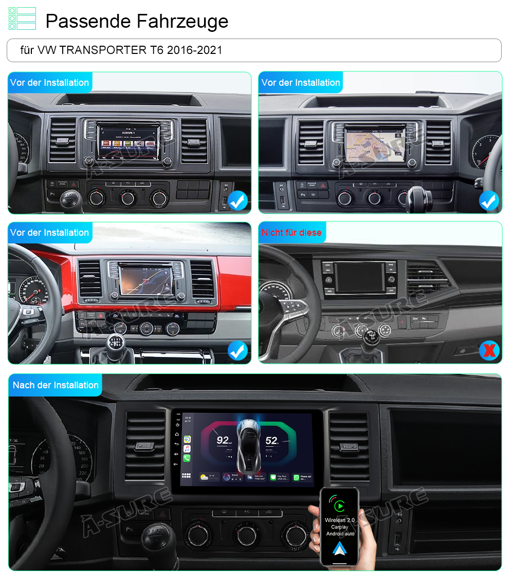 A-Sure VW T6 9 Zoll Autoradio 2GB+32GB CarPlay Navi 2016-2021