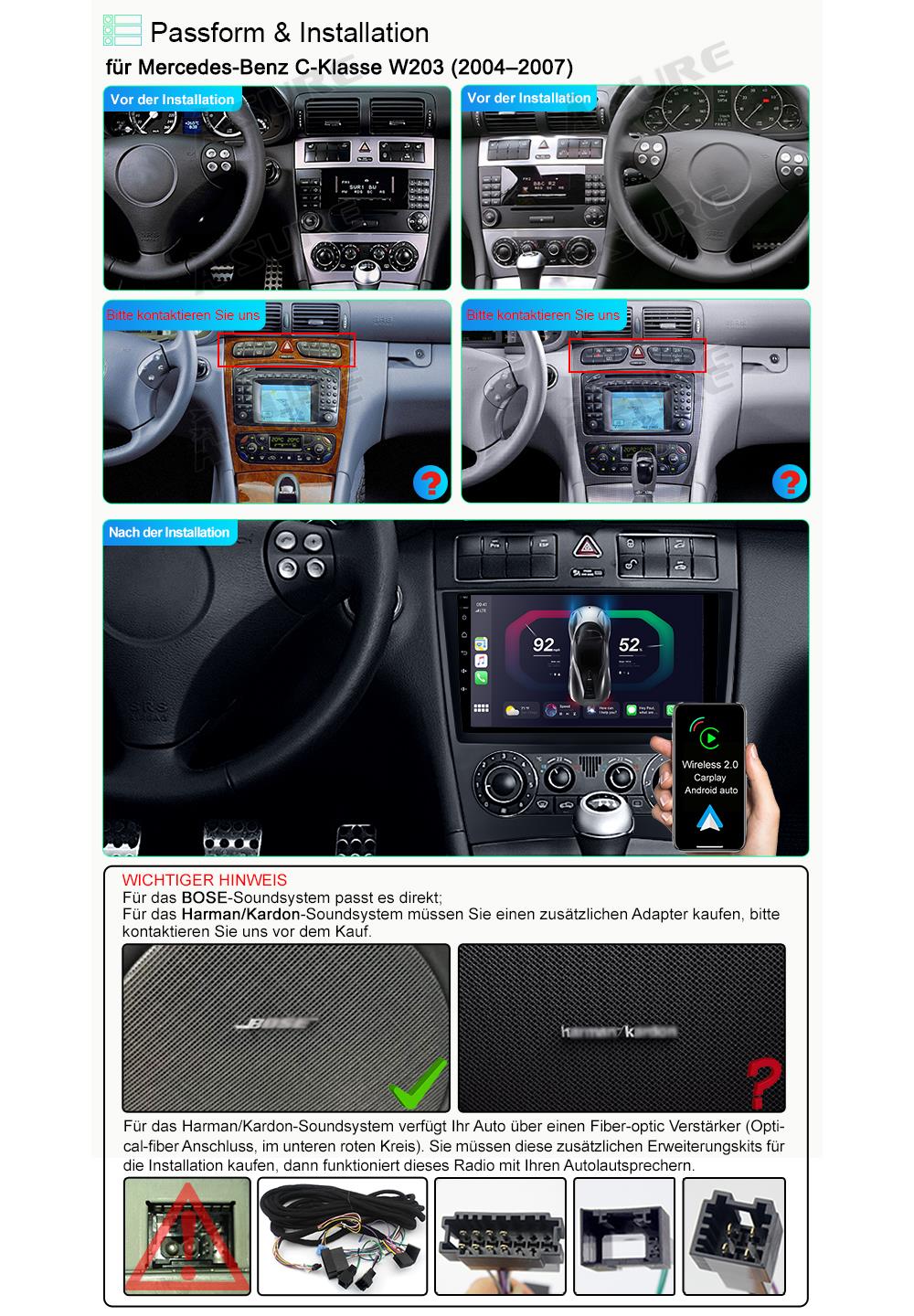 A-Sure GPS 9 Zoll Autoradio für W203 mit Carplay 4+64GB