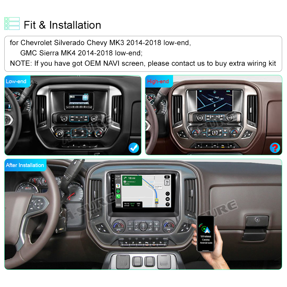 A-Sure GPS 9 Zoll Android 14 Autoradio Silverado Sierra 2+32GB