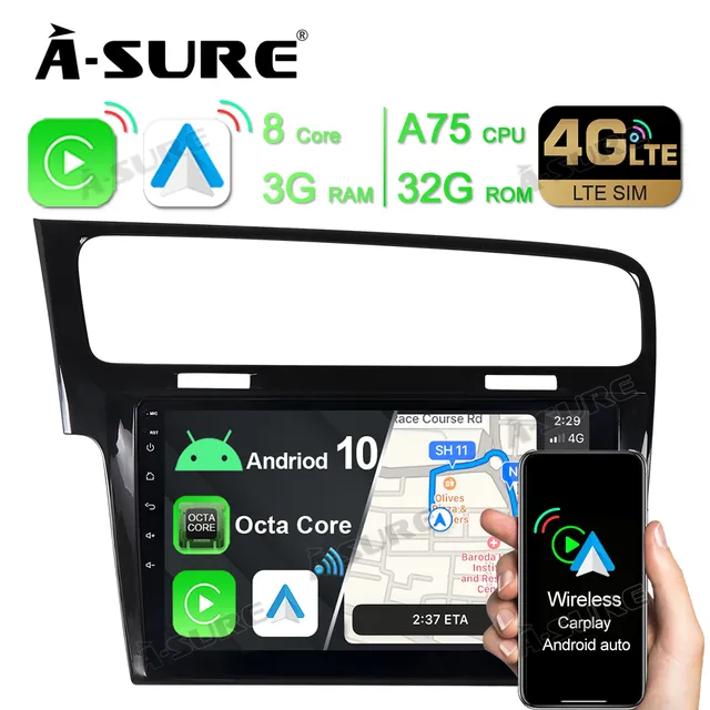 A-Sure GPS Autoradio 10,1 Zoll Android 10 DAB+ VW Golf 7
