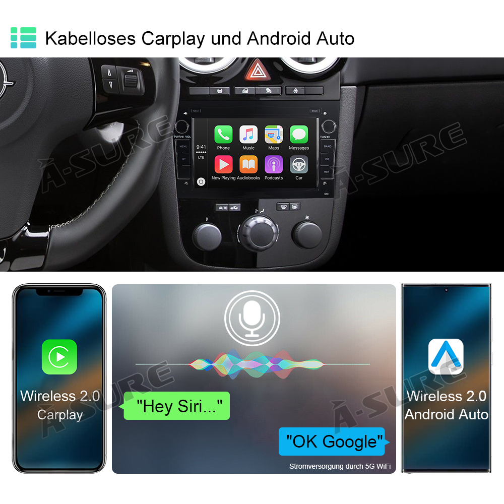 A-Sure GPS 9" Android 13 4+64GB Autoradio für Opel 8-Kern CarPlay