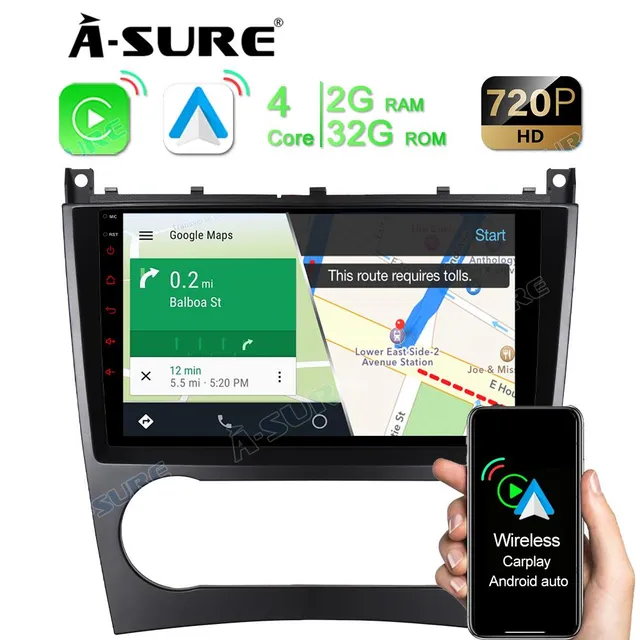 A-Sure GPS 9 Zoll Autoradio Mercedes W203 2+32GB CarPlay