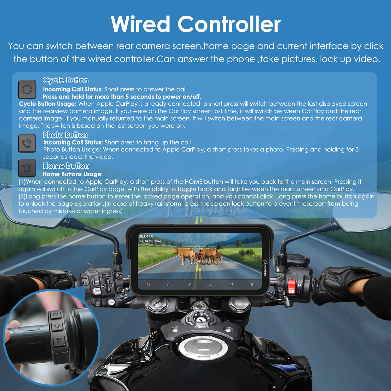Carpuride Motorcycle Smart Stereo W603DS Motorrad-Display 6,3 Zoll