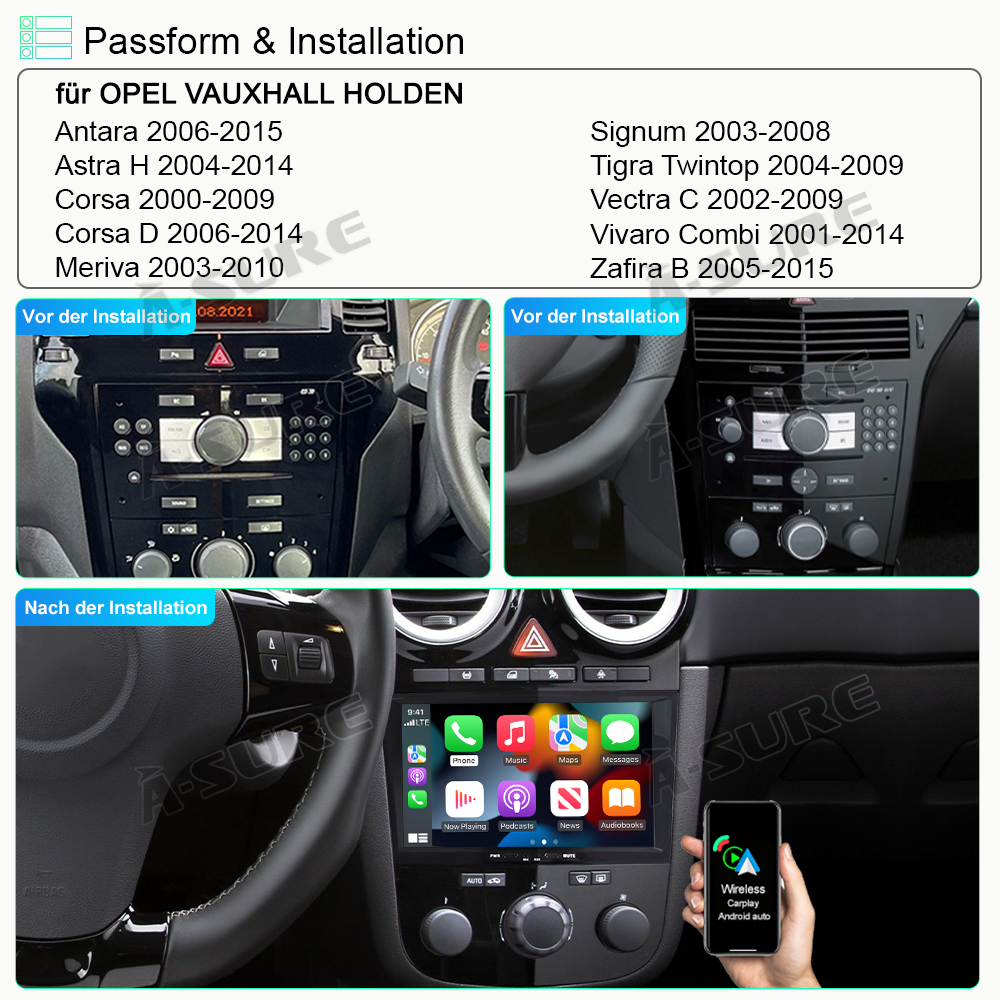 A-Sure GPS Autoradio 4+64GB Android 11 für Opel Astra H