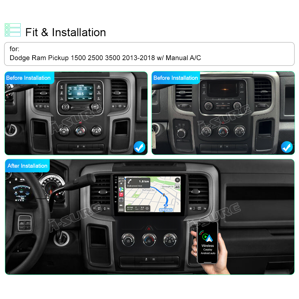 A-Sure Dodge Ram Autoradio Android 11 2+32GB Manuelle Klima CarPlay