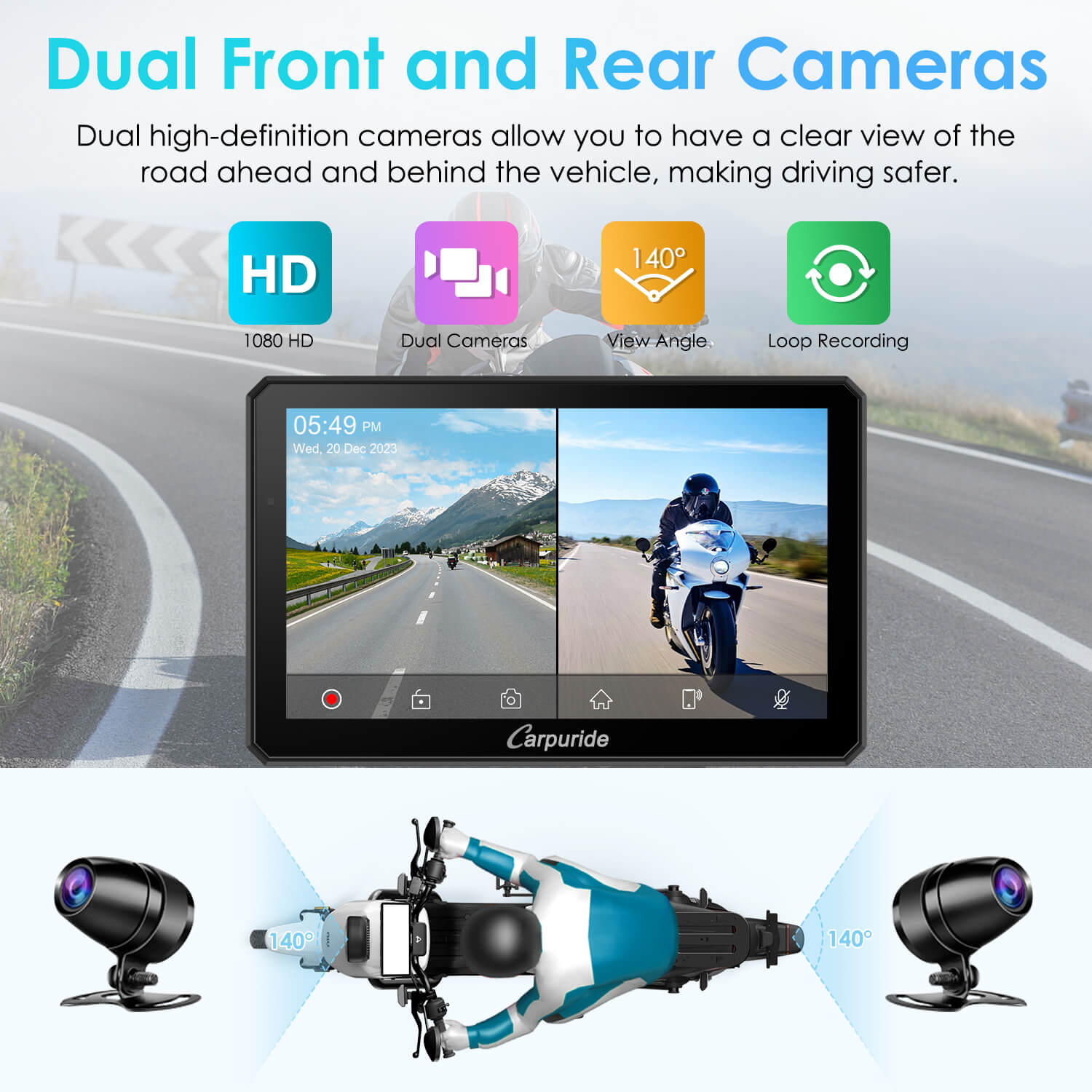 Carpuride W712D Motorrad CarPlay-Display 7 Zoll Dashcam