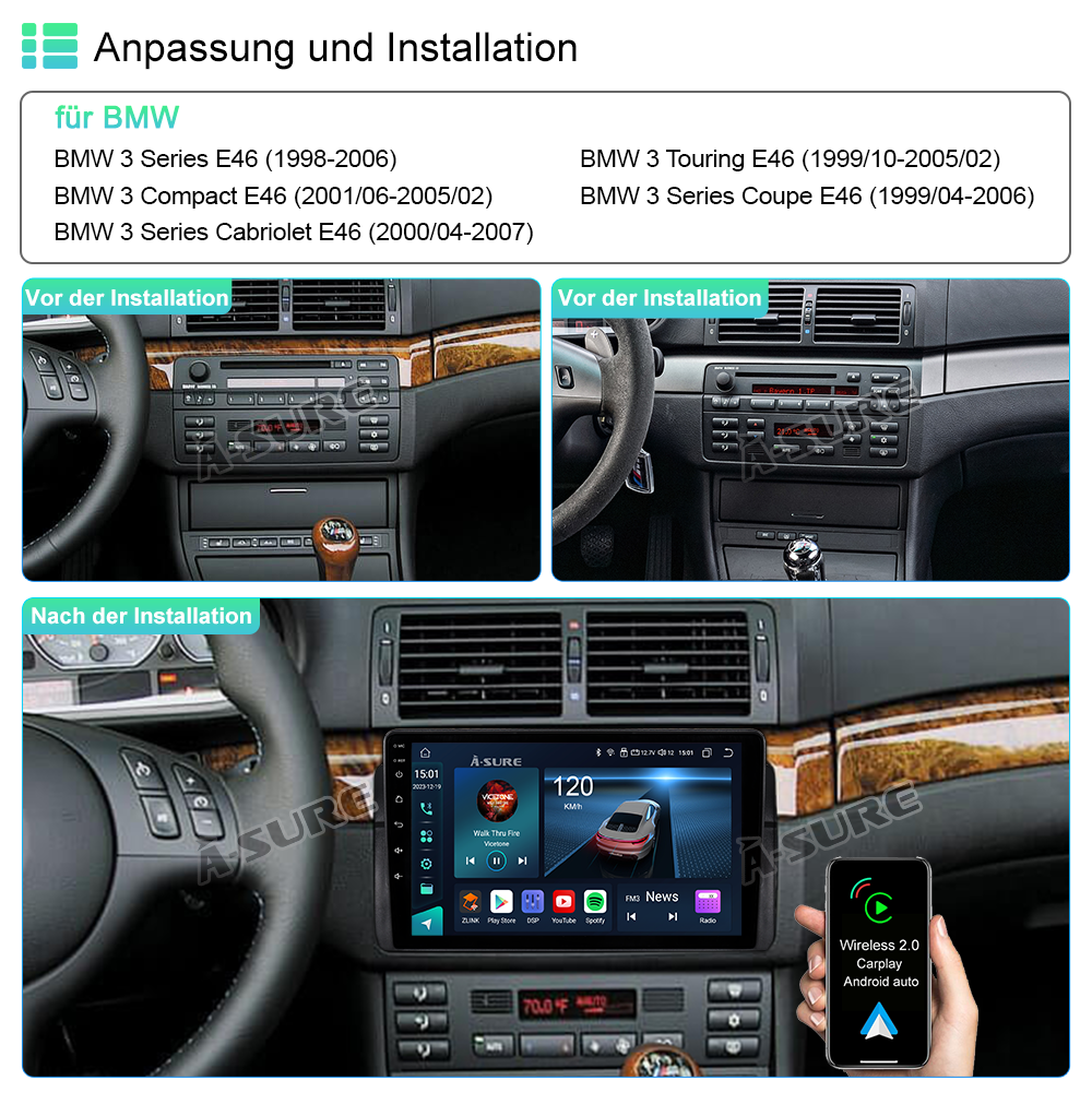 A-Sure GPS BMW E46 Autoradio 9 Zoll 4+64GB Android 13