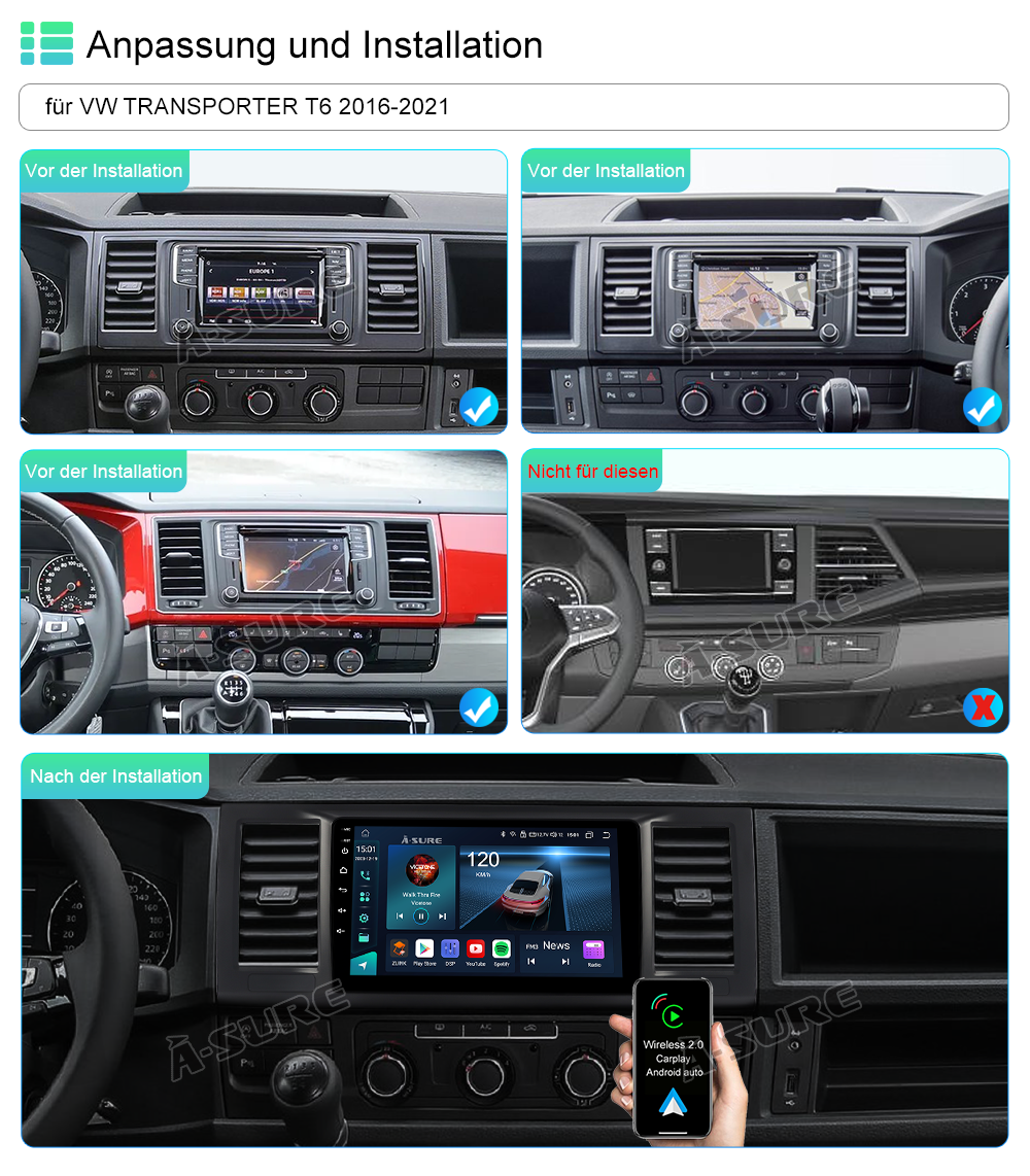A-Sure GPS 9 Zoll Autoradio VW T6 Transporter 4+64GB