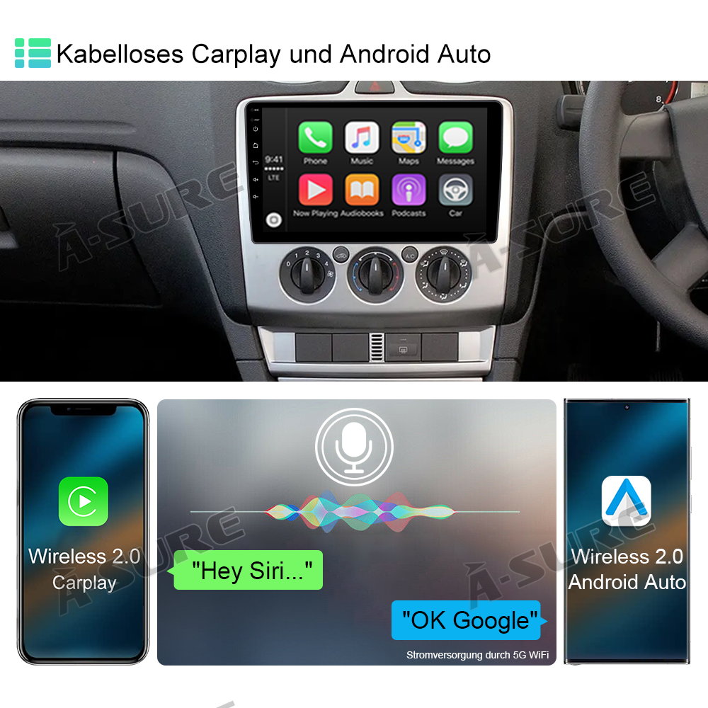 A-Sure Ford Autoradio 9 Zoll Android 13 4+64GB Wireless CarPlay