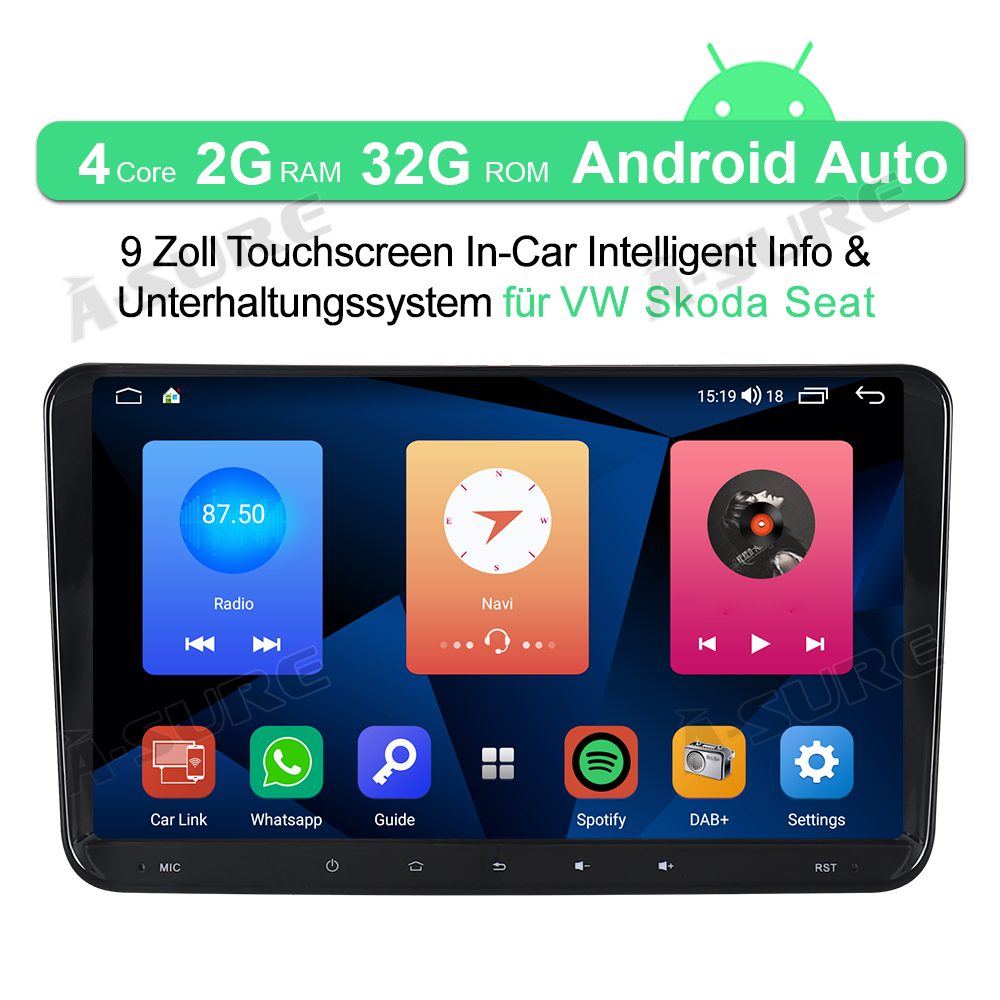 A-Sure GPS Autoradio 9 Zoll 2+32GB für Golf 5 6 Passat